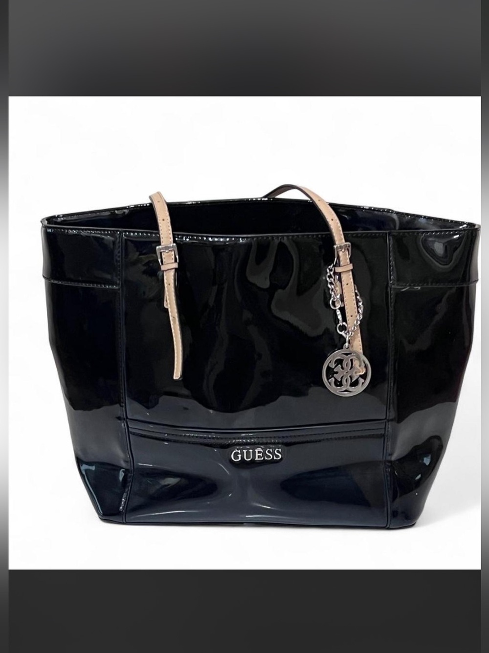 GUESS Large Black Patent Tote Bag Y2K Tan Straps Los Angeles Lining Logo Charm